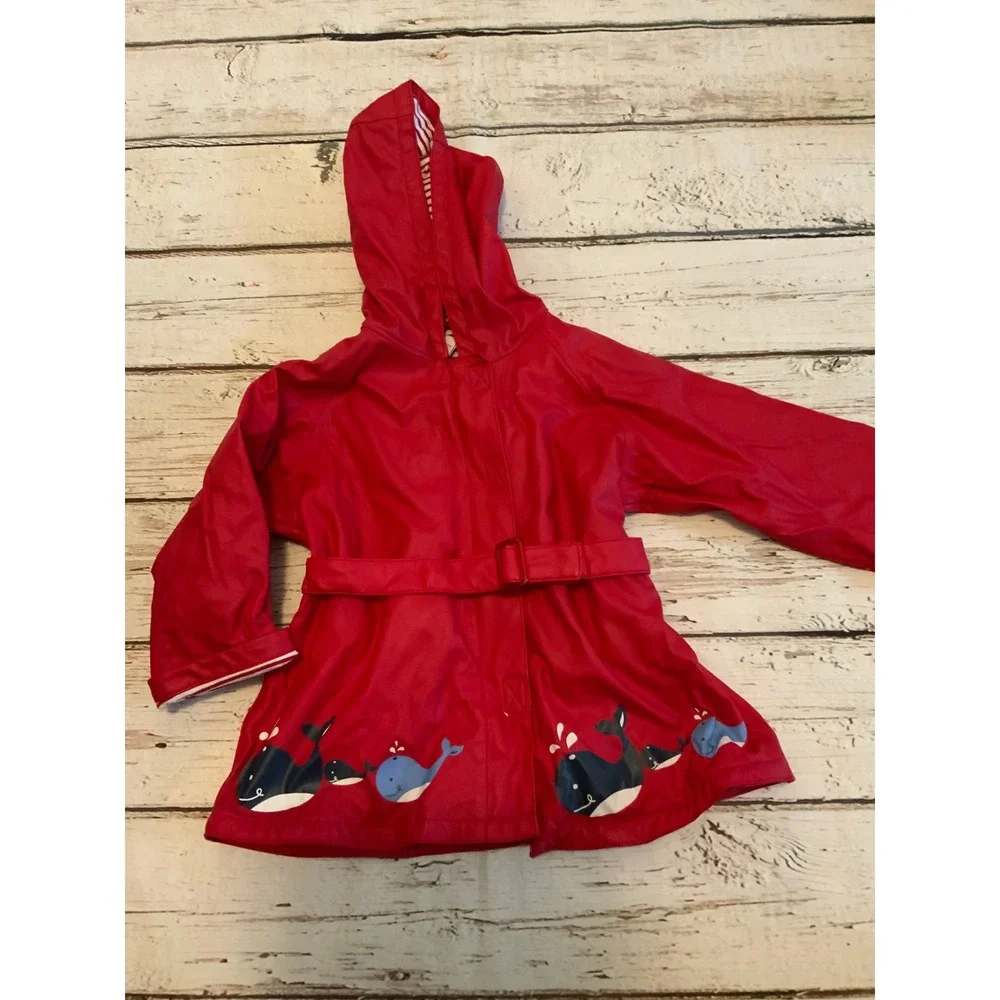 Gymboree Girls Red Whale Watching Hooded Raincoat Belted Jacket Size 3 2003